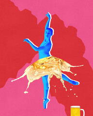 Poster. Contemporary art collage. Blue-toned ballerina dancer wearing skirt made from beer moves elegantly against magenta background. Concept of beer festivals, Oktoberfest, party, music and dance.