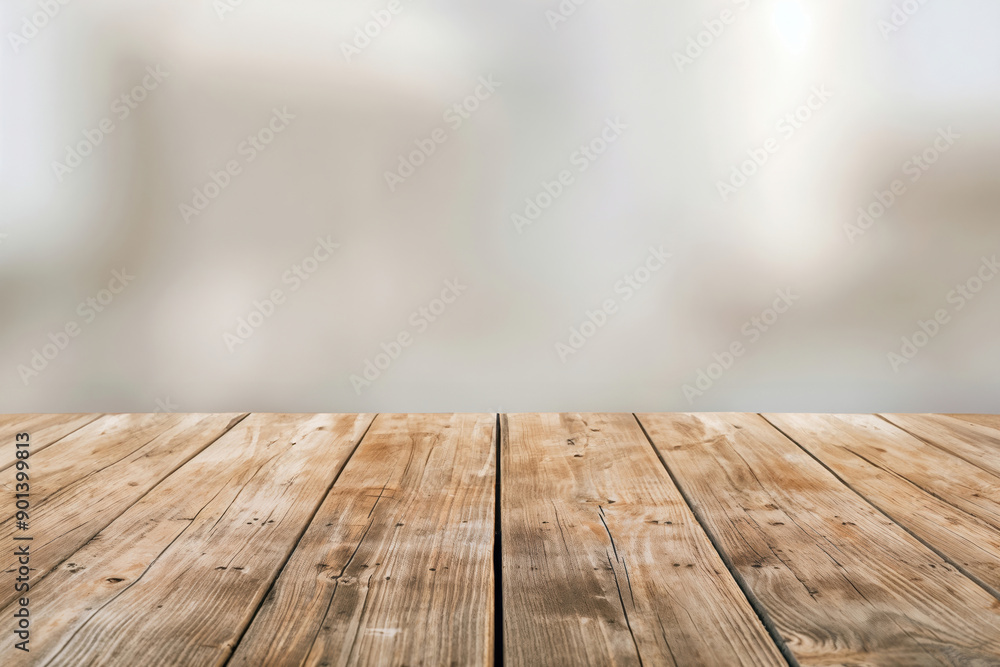Poster empty wooden tabletop with a blurred background, ideal for product placement