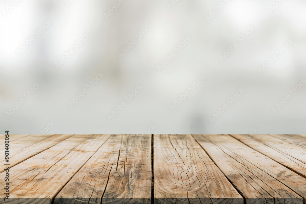 Poster Empty rustic wooden tabletop is providing space for product display over blurred background
