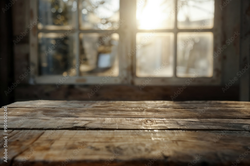 Poster Empty wooden table illuminating by sunlight from window with blurred background