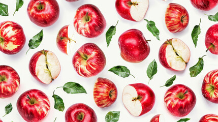 Seamless pattern with red apples on a white background. Tropical abstract design with apple fruits.