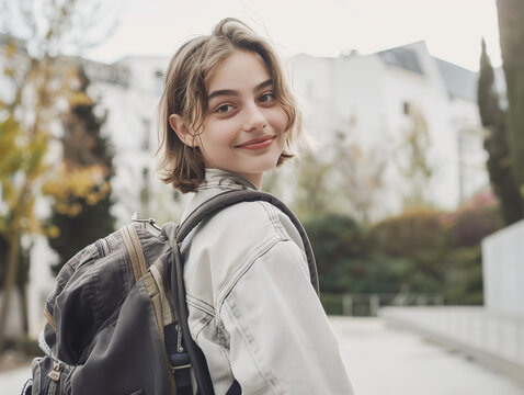 Rentr&eacute;e des classes : jeune fille adolescente porte un sac &agrave; dos : lyc&eacute;en ou coll&eacute;gien dans la cour de r&eacute;cr&eacute;ation de l'&eacute;cole, au lyc&eacute;e ou au coll&egrave;ge