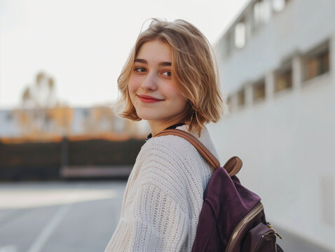 Rentr&eacute;e des classes : jeune fille adolescente porte un sac &agrave; dos : lyc&eacute;en ou coll&eacute;gien dans la cour de r&eacute;cr&eacute;ation de l'&eacute;cole, au lyc&eacute;e ou au coll&egrave;ge