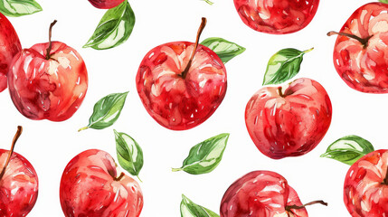 Seamless pattern with red apples on a white background. Tropical abstract design with apple fruits.