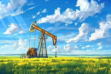 Close up Realistic Oil Derrick Pump om green medow field