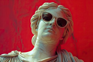 a greek woman smiling, sunglasses sculpture made of marble holding a iphone  