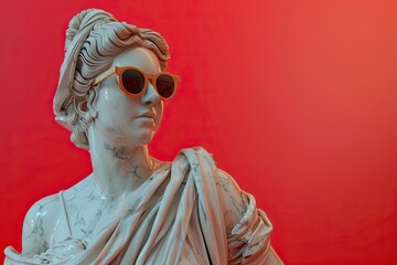 a greek woman smiling, sunglasses sculpture made of marble holding a iphone  