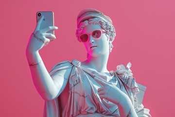 a greek woman smiling, sunglasses sculpture made of marble holding a iphone  