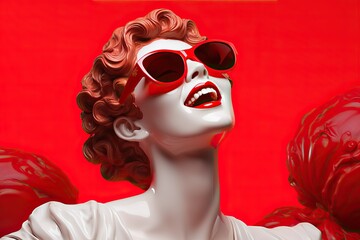 a greek woman smiling, sunglasses sculpture made of marble holding a iphone  