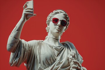 a greek woman smiling, sunglasses sculpture made of marble holding a iphone  