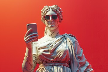 a greek woman smiling, sunglasses sculpture made of marble holding a iphone  
