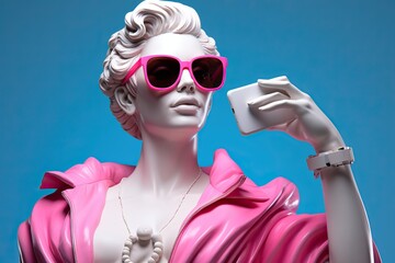 a greek woman smiling, sunglasses sculpture made of marble holding a iphone  