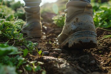 Obraz premium close-up of hiker's boots on a rugged trail, detailed texture of the trail and surrounding greenery