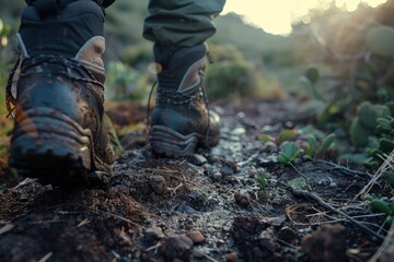 close-up of hiker's boots on a rugged trail, detailed texture of the trail and surrounding greenery