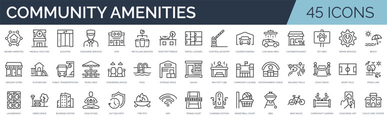 Set of 45 outline icons related to commmunity amenities. Linear icon collection. Editable stroke. Vector illustration © SkyLine