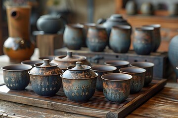a group of pots on a table.
