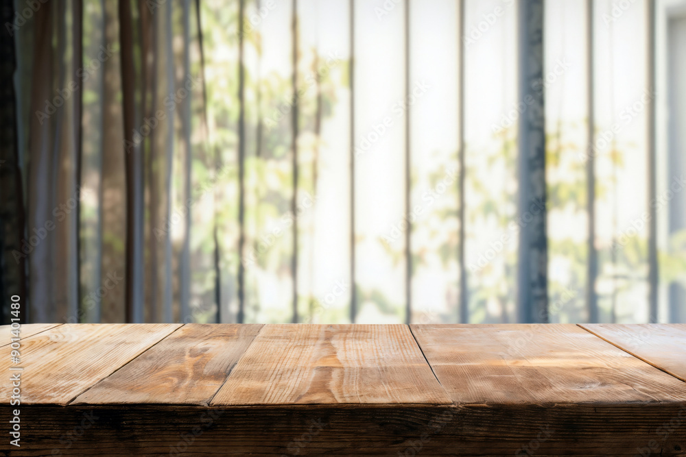 Poster empty wooden table top presenting blurred green view from window, perfect for product placement
