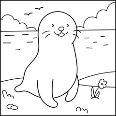 Seal with landscape coloring page, Simple Animal Coloring Page , Vector Illustration