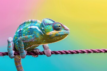 Obraz premium Colorful Chameleon on Rope Against Vibrant color background
