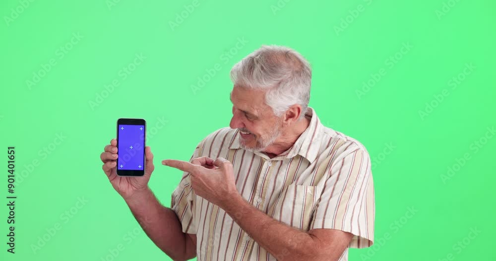 Poster senior man, face and green screen in studio with phone, mock up space or mobile app by background. p