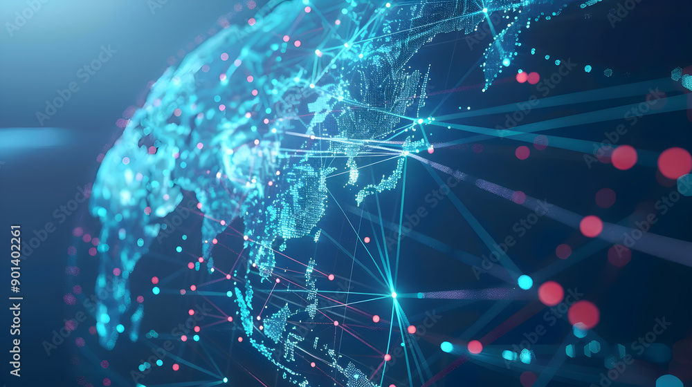 Poster digital data network conveying global abstract illustration of a scientific technology data network.