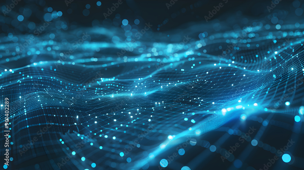 Poster digital data network conveying global abstract illustration of a scientific technology data network.