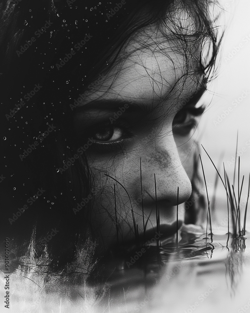 Poster a woman's face is partially submerged in water, creating a blurred