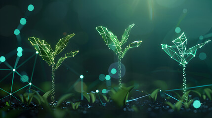 Digital evolution or seedling growth in futuristic polygonal style. Generative Ai.