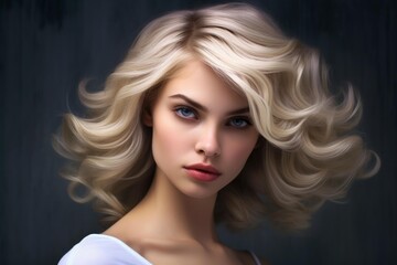 Fototapeta premium Captivating closeup of an elegant woman with voluminous curly blonde hair and piercing blue eyes