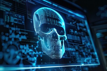 Cybersecurity background depict a lcd screen with scull made of green code, hacker attack concept