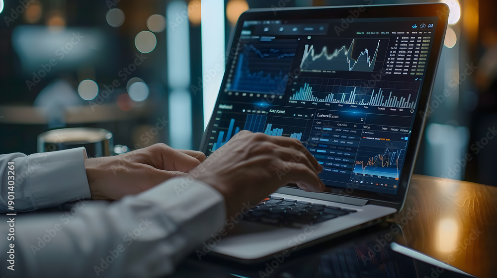 Aufkleber digital online marketing, ai, man using laptop and analyzing sales data graph growth on interface. g