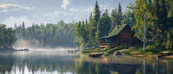 Tranquil lakeside scene with a cabin, canoes, trees, gentle ripples, and reflecting sky. Calm, peaceful setting conveys serenity and quietness.