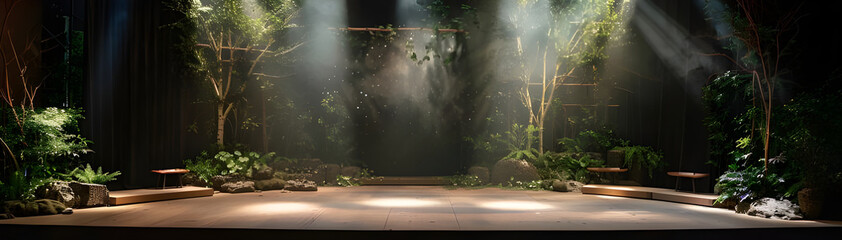 Fototapeta premium A serene stage setup with forest-themed decor, featuring lush greenery and dramatic spotlights for a nature-inspired ambiance.