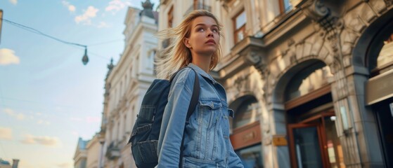 Naklejka premium Image: Blonde woman in denim jacket with black backpack walks in old city. Serious expression, classical buildings, traffic light in background.