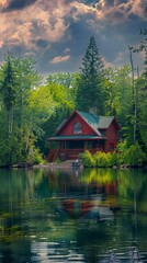 Obraz premium A serene lakeside scene with a red log cabin, deck, trees, and boats under a cloudy sky. Peaceful and picturesque setting for relaxation.