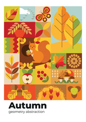 Autumnal geometric background with forest plants, fruits, leaves, squirrel and butterfly. Autumn abstract poster with forest nature elements. Flyer, invitation, banner.