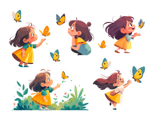 Fototapeta premium cute little girl. garden child butterfly summer yellow dress book kind illustration cartoon