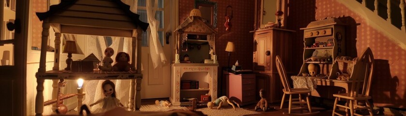 Creepy dollhouse with broken toys, dusty furniture, and eerie shadows cast by flickering candlelight