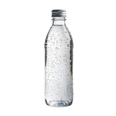 Clear plastic bottle filled with sparkling water, showing condensation droplets, isolated on a transparent background.