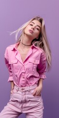 Photo portrait of attractive young woman hold point look empty space dressed stylish colorful clothes isolated on violet color background