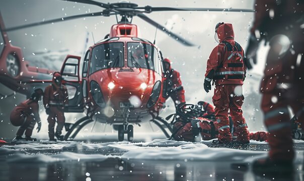 Helicopter ambulance with medical crew on helipad.