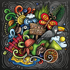 Fototapeta premium Vector funny doodle illustration with Costa Rica theme. Vibrant and eye-catching design, capturing the essence of Central America culture and traditions through playful cartoon symbols