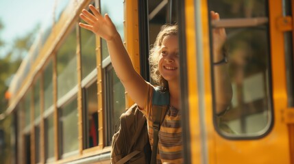 Happy Kid Waving Goodbye to Parents, Boarding School Bus with Backpack