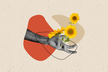 Composite collage image of hand hold sunflower nature organic plant fantasy billboard comics zine...