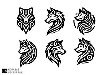 Obraz premium Set of wolf head tribal logo illustration vector black and white