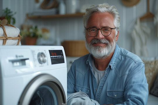 Senior man is putting clothes in the washing machine, doing laundry at home in modern laundry room . 