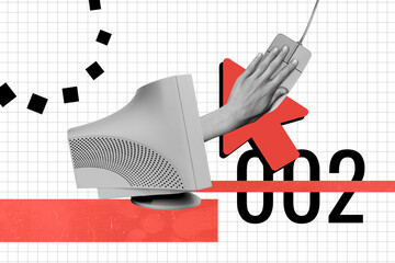 Composite photo collage of hand peek pc monitor hold mouse tool it master occupation freelancer...