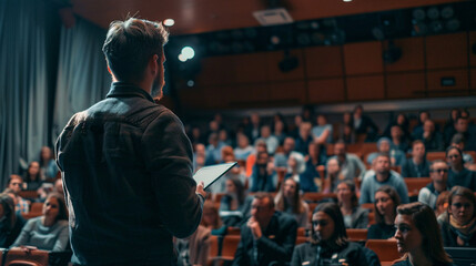 The engaged audience listening to a businessman giving a presentation, with soft natural light enhancing the overall ambiance 