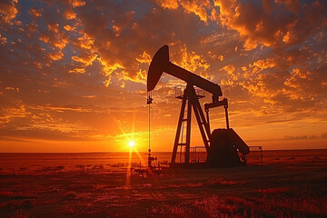 An oil pumpjack operates in the sunset, providing a silhouette of industrial machinery in the natural landscape. It represents energy extraction and production.