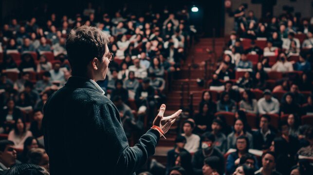 The engaged audience listening to a businessman giving a presentation, with soft natural light enhancing the overall ambiance 